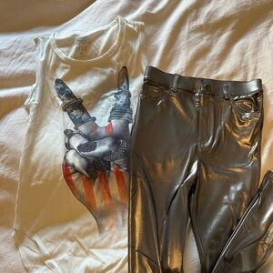 Graphic Rhinestone Tank Top and Metallic Pants Bundle